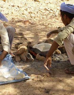 Two Bedouin men sitting on the ground, skillfully making traditional bread